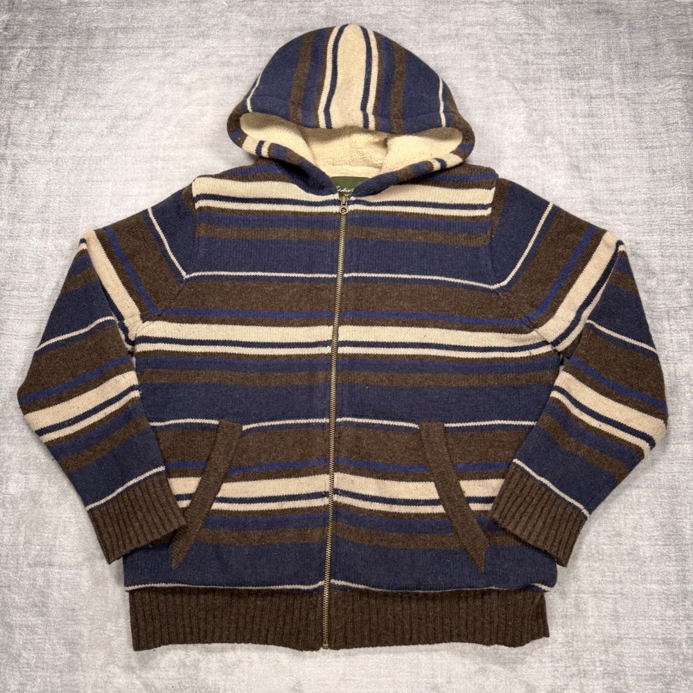 Eddie Bauer Sweater Mens XL Brown Striped Lambswool Sherpa Lined Full Zip Hoodie